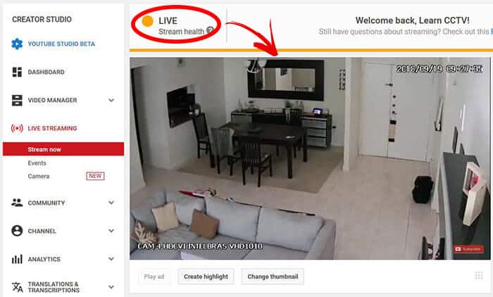 Security camera streaming to YouTube Live